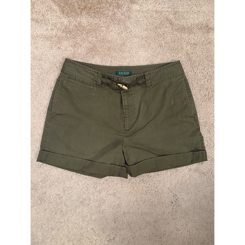 Lauren Ralph Lauren Green Cuffed Twill Shorts Gold Toggle Accent Size 12